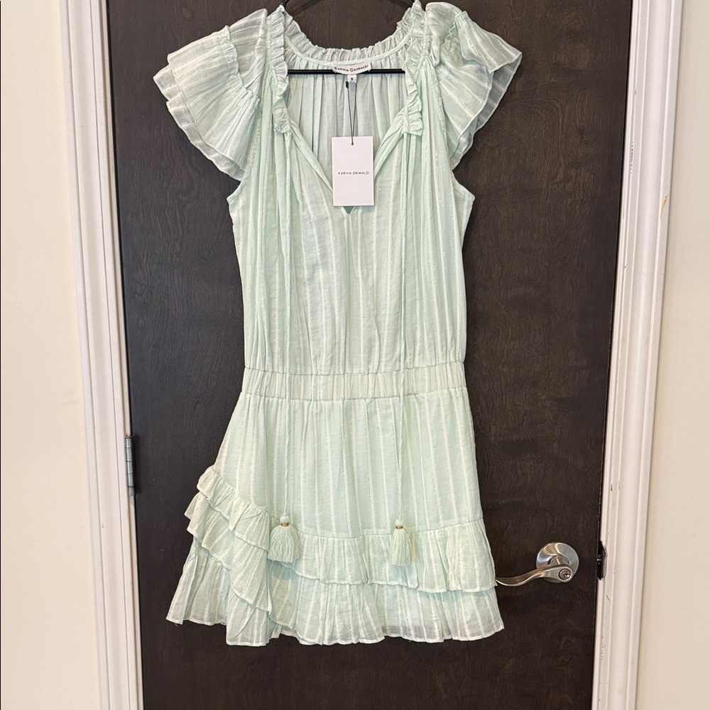 Karina Grimaldi Light Green Mini Dress with Ruffle Sleeves